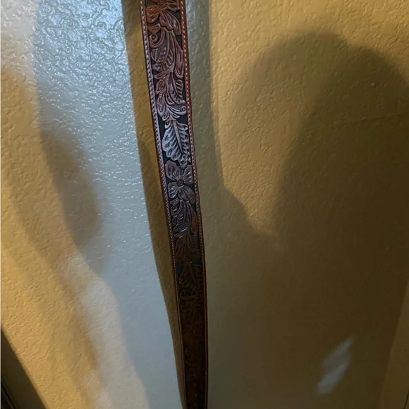 Tooled Leather Western Belt with Floral Silver-Toned Buckle - Brown - Picture 2 of 3